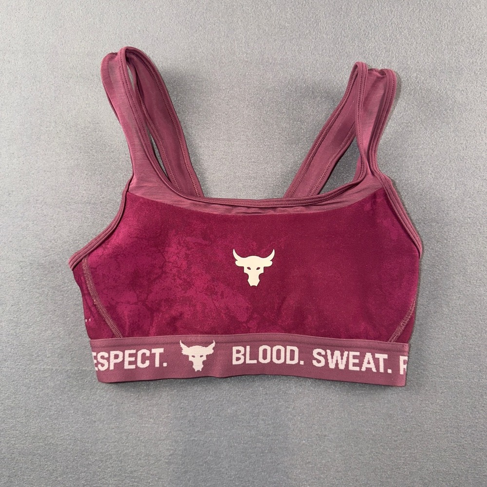 Under Armour Project Rock Sports Bra Maroon Blood Sweat Respect 1356963 Womens S